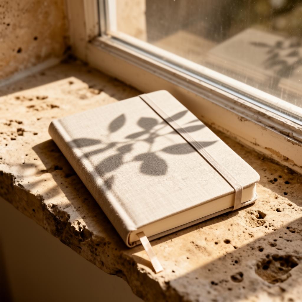 A sunlit linen journal on a stone windowsill, the SANYA sanctuary